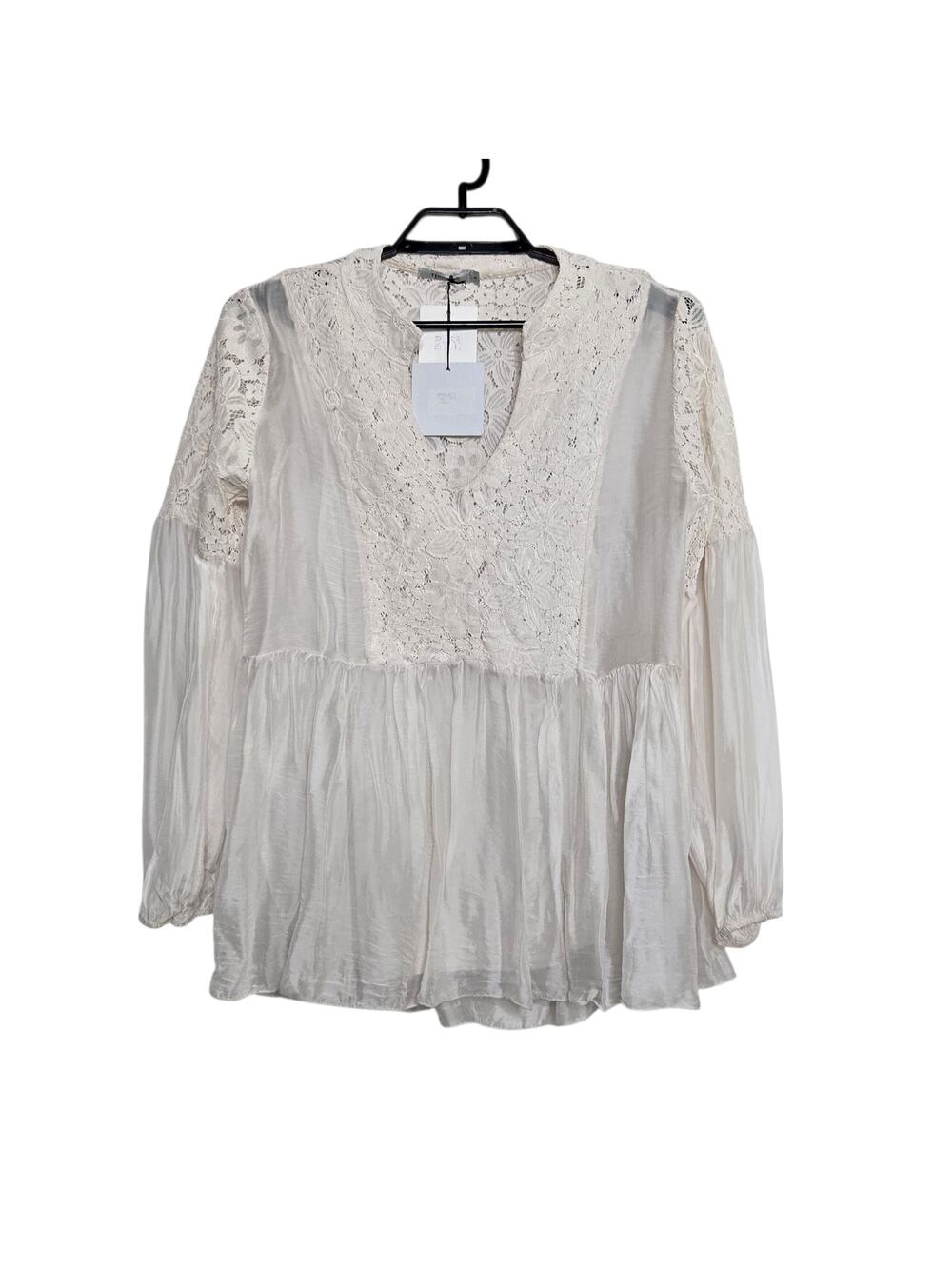 Tendenze Italian Silk Shirt Size Large Cream Boho Flowy V-Neck Romantic L/S Top